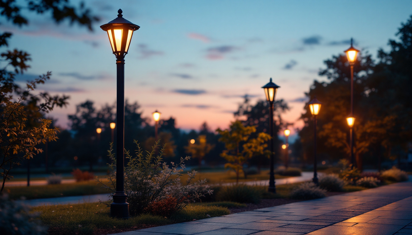 A photograph of a well-lit outdoor setting featuring various styles of light poles