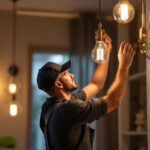 A photograph of a skilled lighting contractor expertly installing or adjusting a variety of stylish light fixtures in a modern home setting