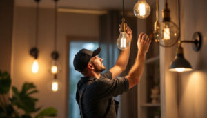 A photograph of a skilled lighting contractor expertly installing or adjusting a variety of stylish light fixtures in a modern home setting