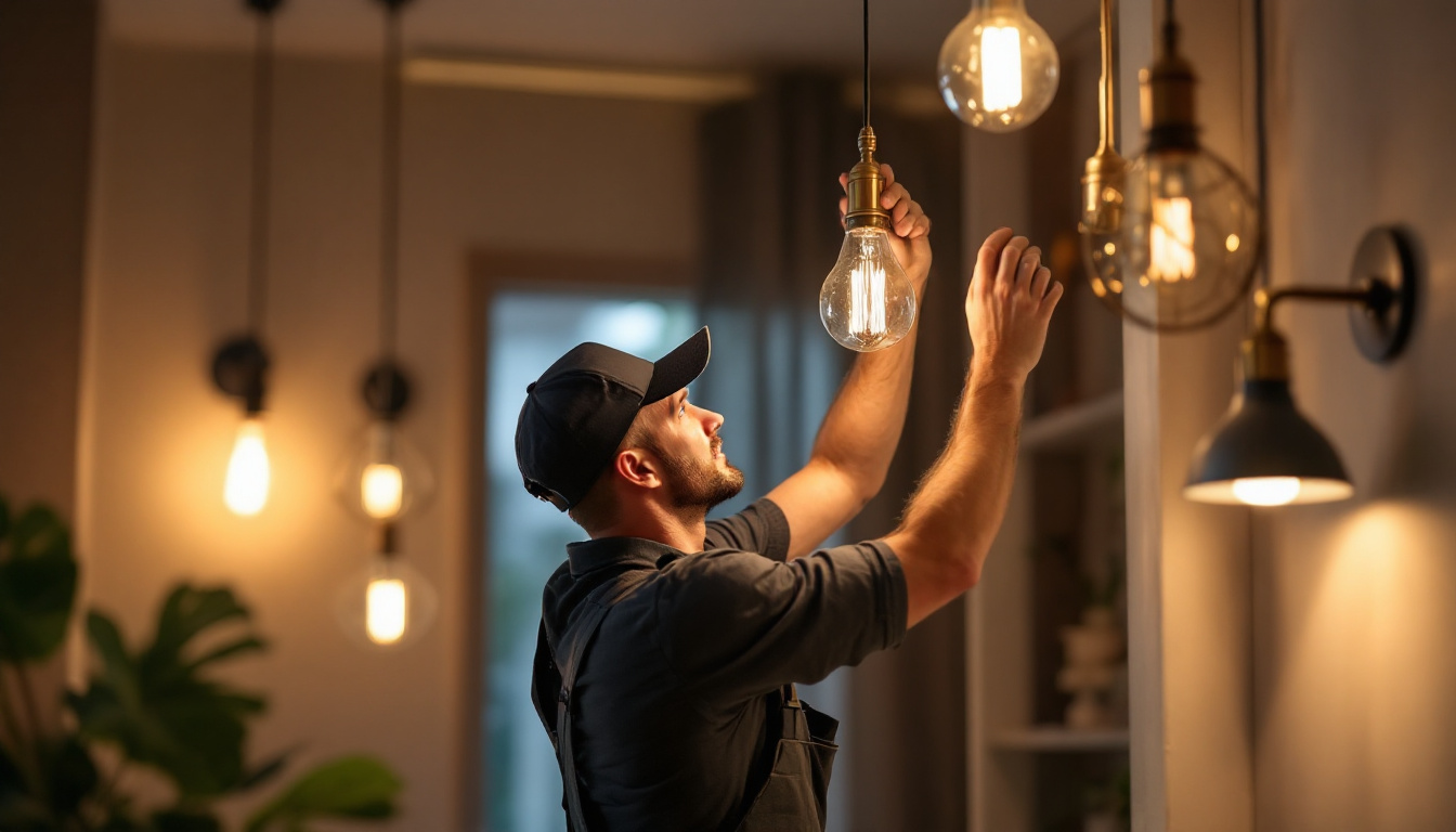 A photograph of a skilled lighting contractor expertly installing or adjusting a variety of stylish light fixtures in a modern home setting