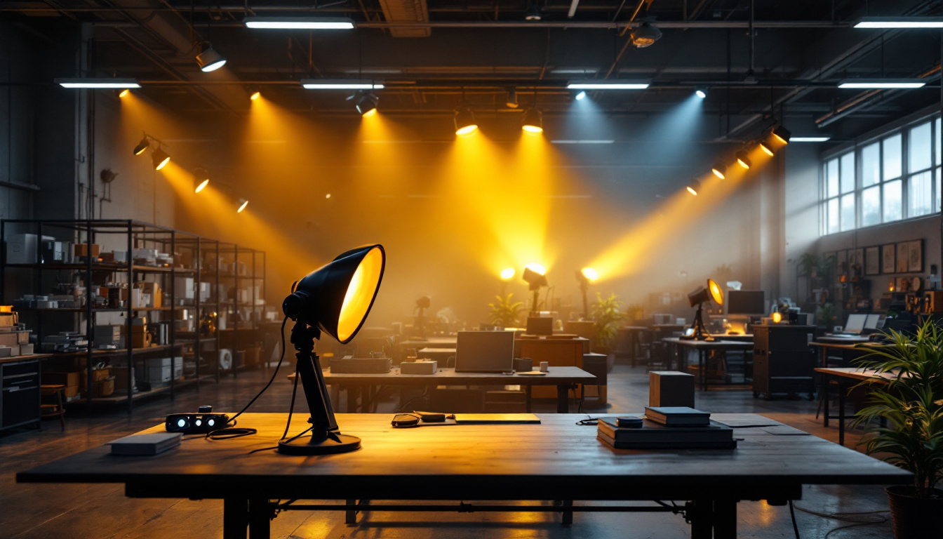 A photograph of a well-lit industrial workspace showcasing various led spotlights in action