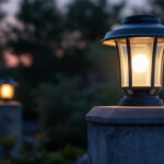 A photograph of a well-lit outdoor scene featuring a solar lantern illuminating a beautifully designed post