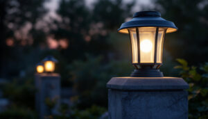 A photograph of a well-lit outdoor scene featuring a solar lantern illuminating a beautifully designed post