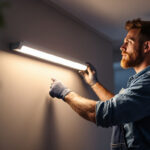 A photograph of a lighting contractor installing a 4-foot led strip light fixture in a modern interior setting