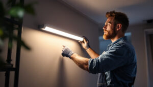 A photograph of a lighting contractor installing a 4-foot led strip light fixture in a modern interior setting