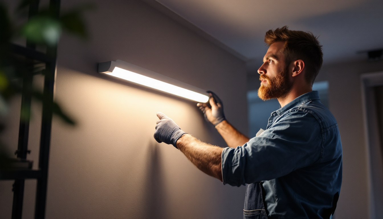 A photograph of a lighting contractor installing a 4-foot led strip light fixture in a modern interior setting