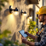 A photograph of a lighting contractor installing or showcasing a variety of innovative solar lights in a residential or commercial setting