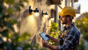 A photograph of a lighting contractor installing or showcasing a variety of innovative solar lights in a residential or commercial setting