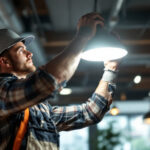A photograph of a skilled lighting contractor installing or adjusting a keystone light fixture in a well-lit
