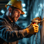 A photograph of a lighting contractor in action