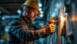 A photograph of a lighting contractor in action