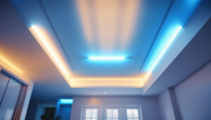 A photograph of a beautifully lit room featuring led strip lighting on the ceiling