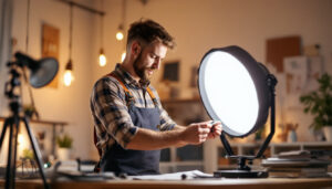 A photograph of a skilled lighting contractor working with an mh lamp in a well-lit workspace
