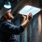 A photograph of a lighting contractor expertly installing or showcasing a high-quality led fixture that visually compares to a traditional 240w metal halide light