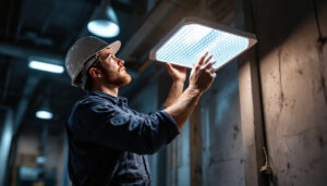 A photograph of a lighting contractor expertly installing or showcasing a high-quality led fixture that visually compares to a traditional 240w metal halide light