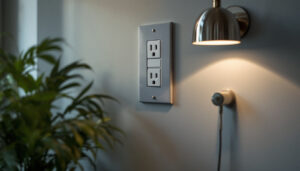 A photograph of a well-lit room showcasing various wall outlets in use