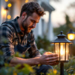 A photograph of a skilled lighting contractor installing or adjusting a solar lantern in an outdoor setting