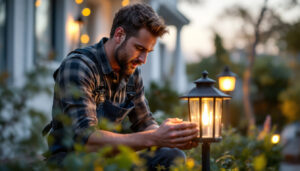 A photograph of a skilled lighting contractor installing or adjusting a solar lantern in an outdoor setting