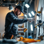 A photograph of a lighting contractor skillfully installing a washer plug in a well-lit space