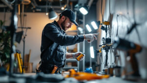 A photograph of a lighting contractor skillfully installing a washer plug in a well-lit space