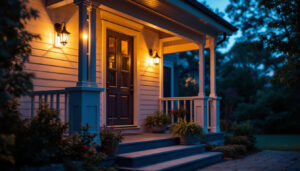 A photograph of a beautifully lit porch at dusk