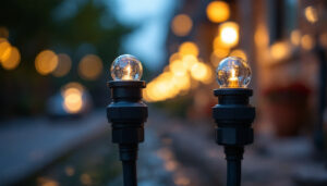 A photograph of a close-up of various waterproof electrical connectors being used in a lighting installation