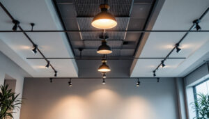 A photograph of a well-lit room featuring stylish ceiling lights installed in a drop ceiling