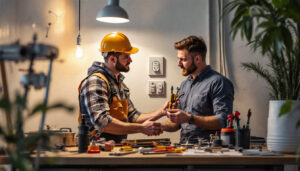 A photograph of a lighting contractor inspecting a washer outlet installation
