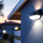 A photograph of a well-lit outdoor scene showcasing a variety of solar power wall mount lights installed on a modern home