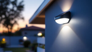 A photograph of a well-lit outdoor scene showcasing a variety of solar power wall mount lights installed on a modern home