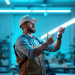 A photograph of a skilled lighting contractor installing or showcasing a 4 ft fluorescent light tape in a modern workspace