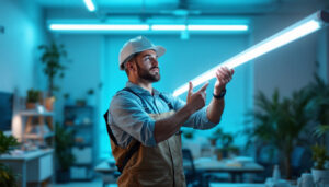 A photograph of a skilled lighting contractor installing or showcasing a 4 ft fluorescent light tape in a modern workspace