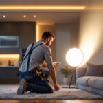 A photograph of a lighting contractor installing led wafer lights in a modern residential setting