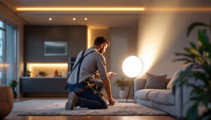 A photograph of a lighting contractor installing led wafer lights in a modern residential setting