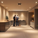 A photograph of a well-lit basement featuring sleek recessed lighting installations