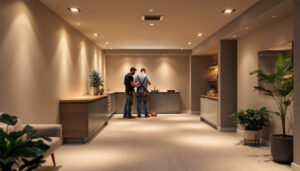 A photograph of a well-lit basement featuring sleek recessed lighting installations