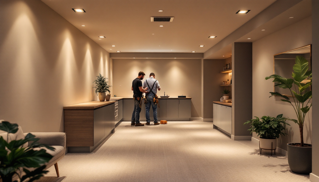 A photograph of a well-lit basement featuring sleek recessed lighting installations