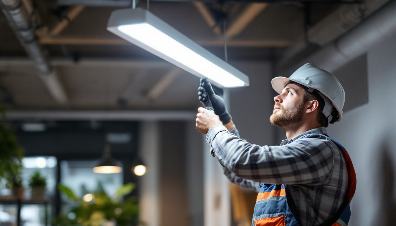 A photograph of a lighting contractor installing a 4-foot led light fixture in a commercial space