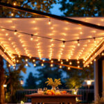 A photograph of a stylish portable ceiling light awning in a beautifully lit outdoor setting