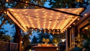 A photograph of a stylish portable ceiling light awning in a beautifully lit outdoor setting