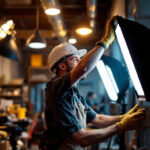 A photograph of a well-lit workspace featuring a lighting contractor installing or adjusting 8ft led shop lights