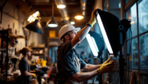 A photograph of a well-lit workspace featuring a lighting contractor installing or adjusting 8ft led shop lights
