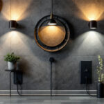 A photograph of a stylishly designed outlet wall featuring a variety of lighting fixtures