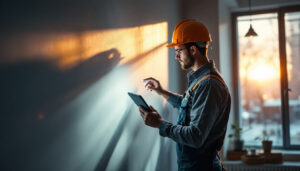A photograph of a skilled lighting contractor at work