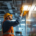 A photograph of a well-lit commercial space showcasing a 4x4 led light fixture in action