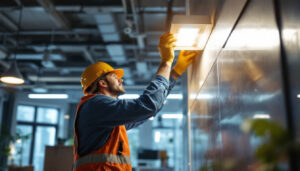 A photograph of a well-lit commercial space showcasing a 4x4 led light fixture in action