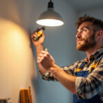 A photograph of a lighting contractor installing led lights in a modern can light fixture