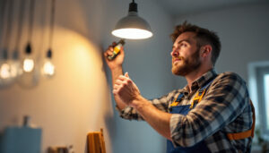 A photograph of a lighting contractor installing led lights in a modern can light fixture
