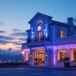 A photograph of a beautifully illuminated commercial building at dusk