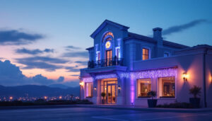 A photograph of a beautifully illuminated commercial building at dusk